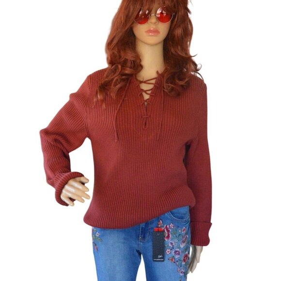 Vintage Express Ribbed Knit Sweater Rust Red Orange Women's M Boho Earth Girl - Picture 1 of 8